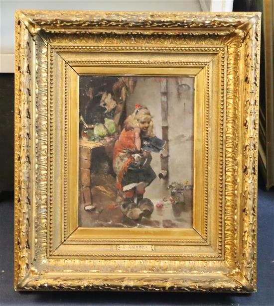 Raphael Ambros (1854-1895) Kitten seller sheltering in the rain 12 x 9.25in.